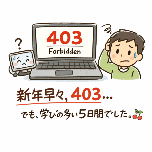 新年早々、土屋薬局のホームページに「403 Forbidden」が表示され、一時的に閲覧できなくなった出来事を表現したイラスト