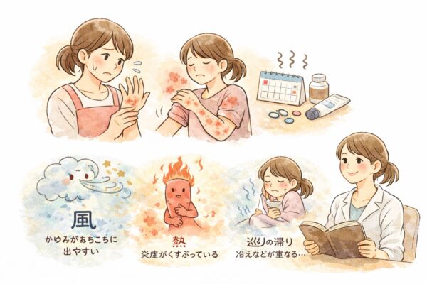 手湿疹（主婦湿疹）や蕁麻疹が続き、体質から整える漢方的な考え方を紹介する女性のイラスト
