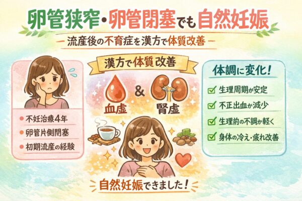 卵管狭窄・卵管閉塞と流産経験のある30代女性が、漢方で血虚と腎虚の体質改善に取り組み、生理周期の安定や不正出血の減少など体調が整い自然妊娠に至った症例をやさしいイラストで解説した図