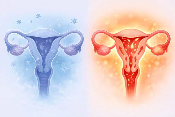 子宮内膜症と冷え性の関係を示すイラスト。冷えによる血流低下と、温めることで巡りが改善するイメージ図