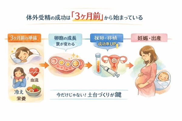 体外受精の成功は3ヶ月前から始まる｜睡眠・血流・冷え・栄養の改善が卵胞の成長や採卵・移植の成功率に影響し妊娠・出産へつながる流れの図解
