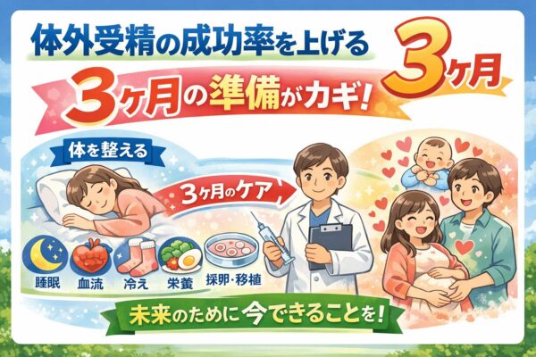 子宮内膜症と体外受精の成功率を高めるための3ヶ月の体づくり｜妊娠出産へつなげる準備の重要性を示したイラスト
