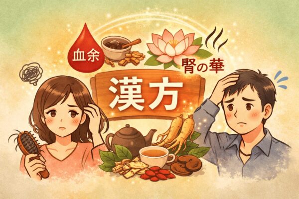 薄毛・抜け毛・脱毛を漢方の視点で考えるイラスト。髪は血余・腎の華として体の内側の状態を表現したやさしいイメージ
