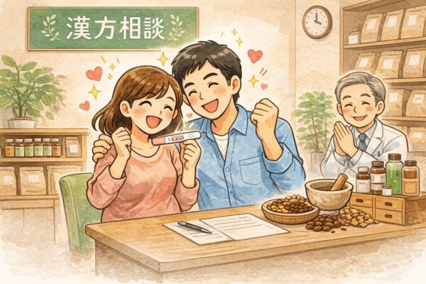 体外受精の初期胚4分割移植で妊娠判定を受け喜ぶ40代夫婦のイメージイラスト