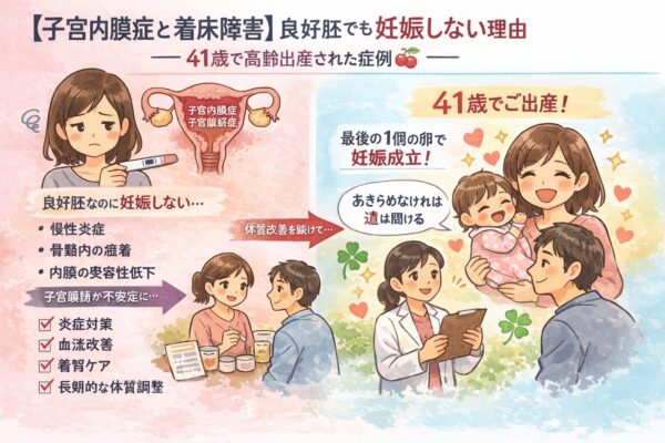 子宮内膜症と着床障害の関係を解説し、41歳で出産された症例を示した説明イラスト。良好胚でも妊娠しない背景と体質改善の流れを示す図。
