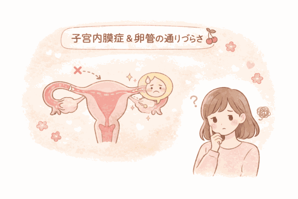 子宮内膜症や卵管の通りをイメージしながら、体調を整えて妊活に向き合う考え方を表したイラスト