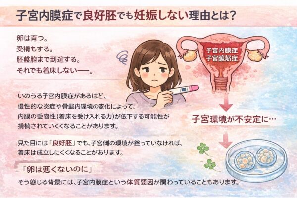 子宮内膜症による着床障害の仕組みと、良好胚でも妊娠しない背景を説明する図解イラスト