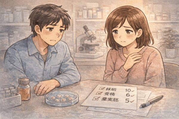 採卵と受精は成功するが着床に至らない不妊治療の結果に向き合う夫婦のイラスト