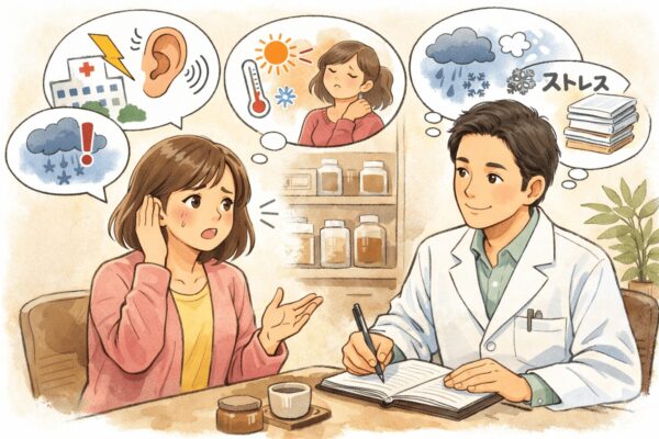 更年期の耳鳴りについて漢方相談を受ける女性と、体の変化やストレス要因を丁寧に聴く薬剤師のイラスト