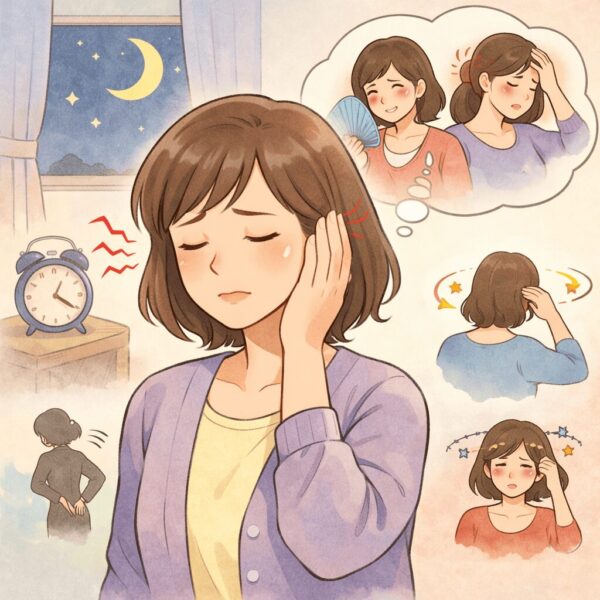 更年期に耳鳴りや不眠に悩む女性のイメージイラスト。突発性難聴に伴う耳の違和感や自律神経の揺らぎを表現。