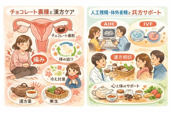 子宮内膜症やチョコレート嚢胞による生理痛に悩みながら妊活を続ける方へ、AIH・IVFなど医療と併用し、漢方で体質を整える考え方を表したイラスト