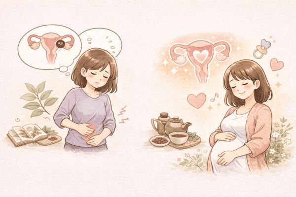 子宮内膜症とチョコレート嚢胞の再発から漢方で体質改善し妊娠に至った流れを表現した線画イラスト