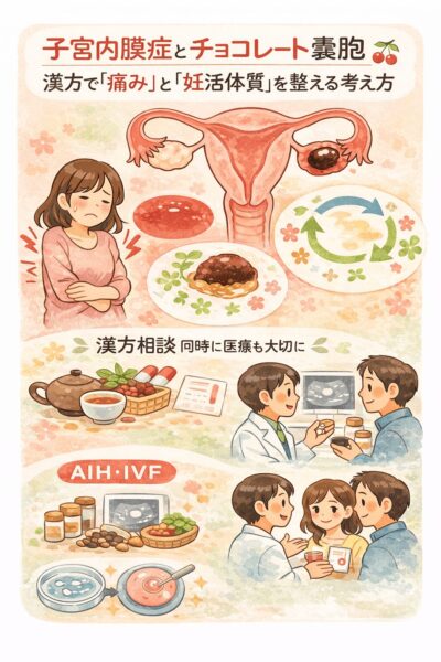 子宮内膜症やチョコレート嚢胞による痛みと妊活への不安に対し、漢方で体質を整えながらAIH・IVFと併用するサポートを表したイラスト