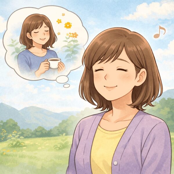 更年期の耳鳴りや不調が落ち着き、穏やかな表情で日常を過ごす女性のイメージイラスト。体調が整いはじめたあとの安心感を表現。