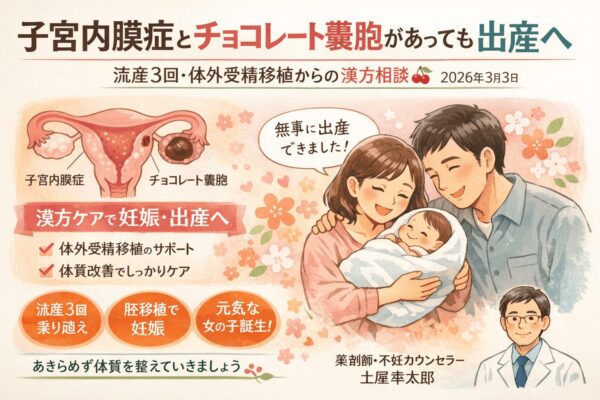 子宮内膜症とチョコレート嚢胞があり流産を繰り返した女性が、体外受精の胚移植期から漢方で体を整え出産に至った症例イラスト