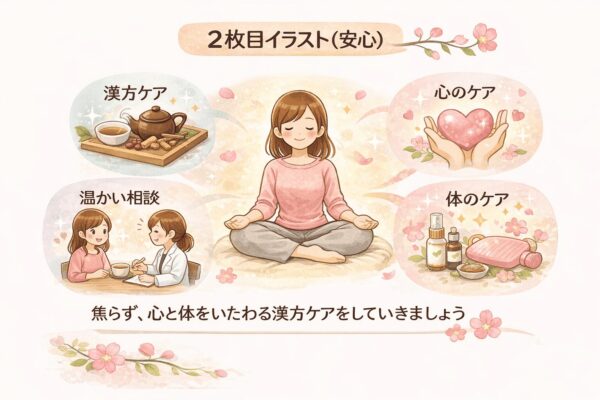 流産後の体と心の回復を支えながら、次の妊娠に向けて体づくりを進めていく漢方相談のイメージイラスト