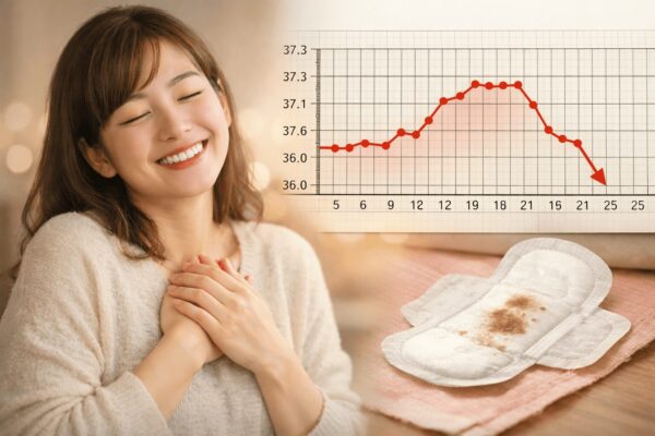 良好胚でも妊娠しないケースで、基礎体温の高温期が短く生理前に低下する様子と、茶おりの変化、体質改善により妊娠に至った女性のイメージ