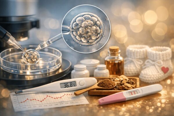 体外受精の胚盤胞と基礎体温、漢方による体質改善のイメージ。良好胚でも妊娠しないケースで、基礎体温の安定や生理前の茶おり改善が着床につながることを示したビジュアル