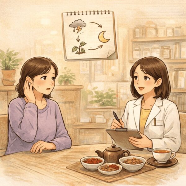 更年期の耳鳴りについて漢方相談を受ける女性と、発症のきっかけを丁寧に聴く薬剤師のイラスト