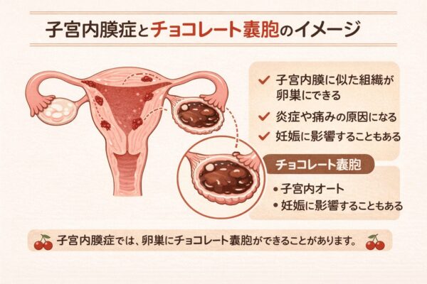 子宮内膜症とチョコレート嚢胞のイメージ図。卵巣にできるチョコレート嚢胞と子宮の状態を示した図解。体外受精や妊活に影響することがある疾患の説明。