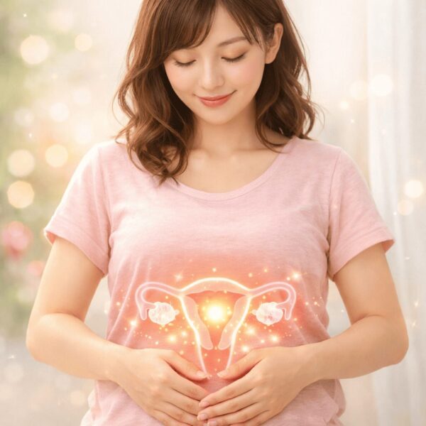 多嚢胞性卵巣症候群（PCOS）による排卵障害やニキビに悩む女性が、お腹をやさしく包み体質改善と妊娠への希望をイメージしたイラスト