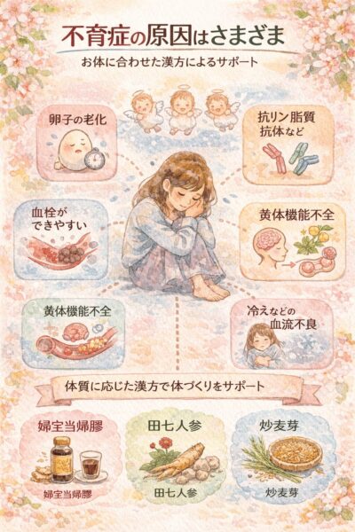 不育症の原因はさまざま｜卵子の加齢変化・血流不良・ホルモンバランスなど流産の原因イメージ図