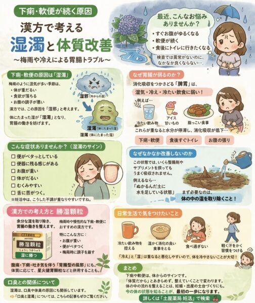 下痢・軟便やお腹の不調の原因となる湿濁の仕組み|冷たい飲食や湿気により胃腸が弱りベタつく便やむくみが起こる流れの図解