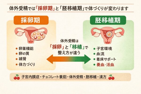 体外受精における採卵期と胚移植期の体づくりの違いを示した図解。子宮内膜症やチョコレート嚢胞の妊活で、卵巣機能を整える採卵期と子宮環境を整える移植期の漢方の考え方。