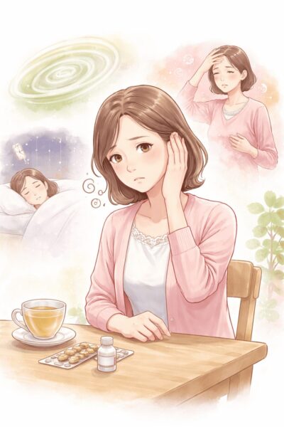 更年期に耳鳴りが続き、不安を感じながら体調の変化に悩む女性のイラスト