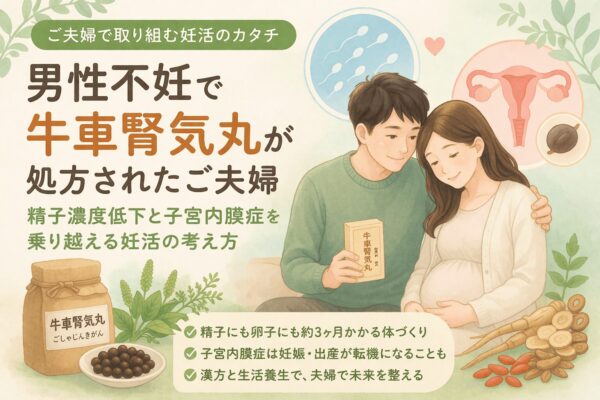 男性不妊と子宮内膜症に対する妊活のイメージ。牛車腎気丸による体づくりと夫婦で取り組む妊娠サポートを表現したイラスト