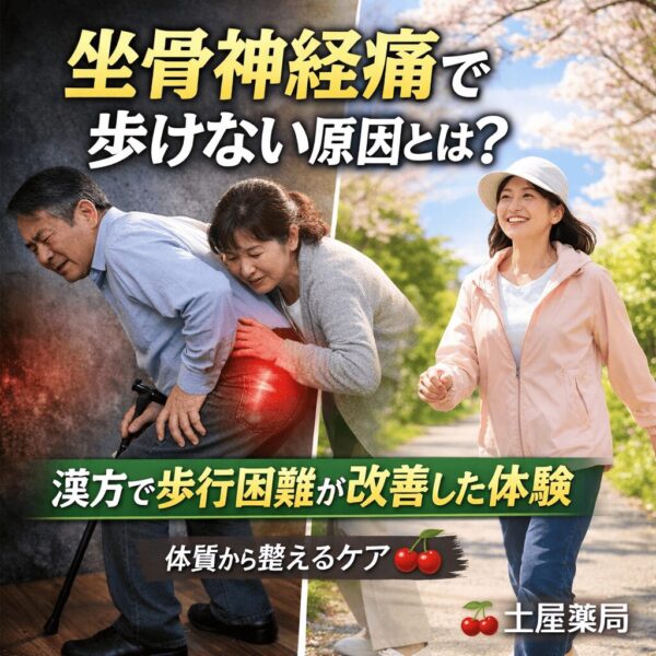 坐骨神経痛で歩けない原因と漢方による改善イメージ|足のしびれや痛みが軽減し歩行が楽になる様子