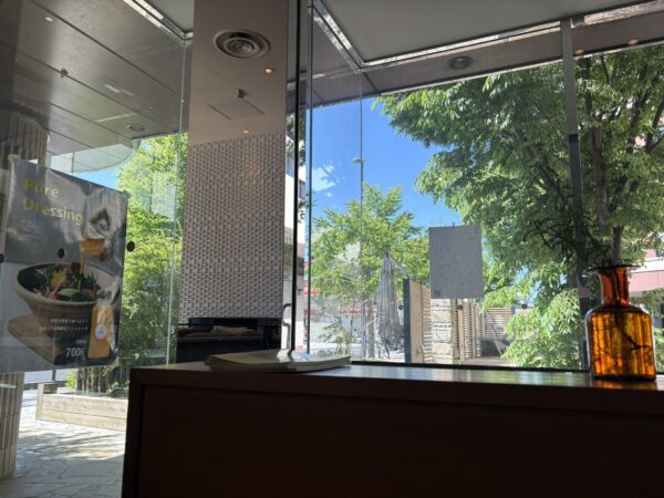 山形市のパレスグランデール内レストラン「コンフェッティ」から眺めた5月の新緑の風景。家族で過ごした結婚15周年の穏やかなランチタイムを彩る美しい景色🍃🍒