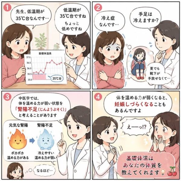 低温期の基礎体温が低めの方に向けた妊活漫画。冷えや疲れやすさと中医学の腎陽不足について解説し、基礎体温から体質を知る大切さを紹介