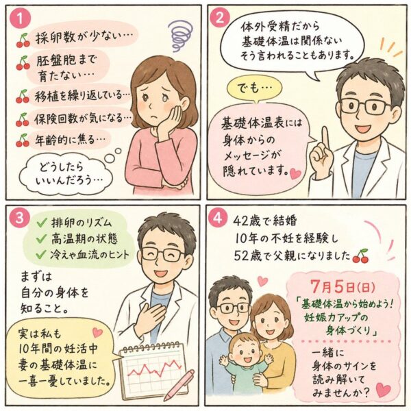 採卵数が少ない、胚盤胞まで育たない、移植を繰り返しているなどの妊活のお悩みに対し、基礎体温表から身体の状態を読み解く大切さを紹介する4コマ漫画。7月5日開催の妊娠力アップセミナーの案内。
