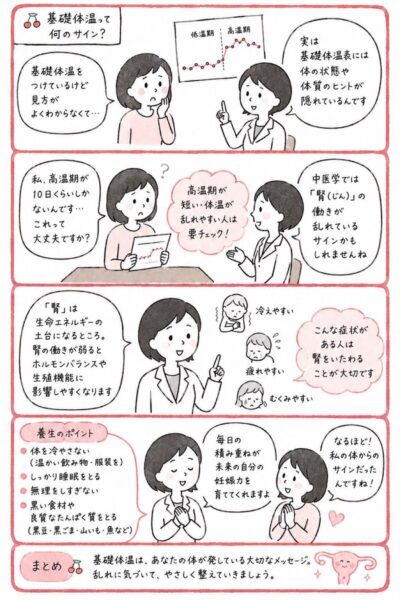 基礎体温から体質を読み解く妊活セミナーの案内漫画。中医学の視点から妊娠力アップの身体づくりを学ぶ公開講座