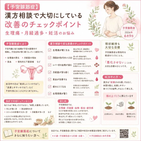 子宮腺筋症の漢方相談で大切にしている改善のチェックポイントを解説したイメージ画像