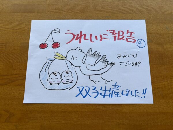 双子をご出産された妊活成功例を紹介する土屋薬局の手書きイラスト。コウノトリが双子の赤ちゃんを運ぶ「うれしいご報告」のアイキャッチ。