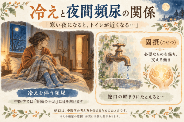 冷えと夜間頻尿の関係と、中医学の固摂（尿を保持する働き）を蛇口のたとえで説明するイラスト