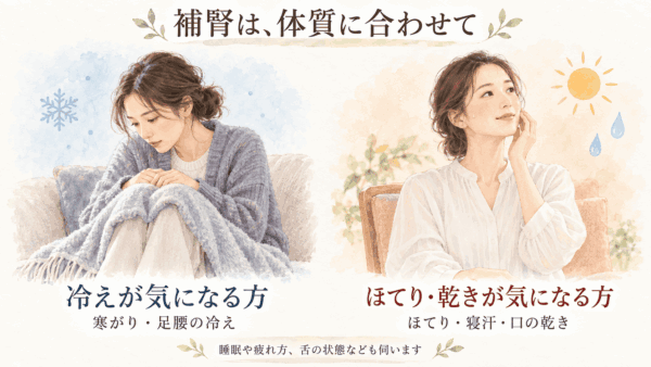 冷えが気になる女性と、ほてりや乾きが気になる女性を左右に描き、体質に合わせた補腎の考え方を伝えるイラスト
