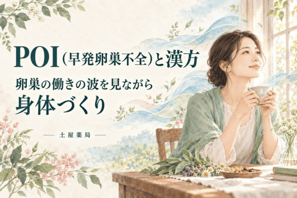 POI（早発卵巣不全）と漢方による身体づくりを紹介するアイキャッチ。窓辺でお茶を手にする女性と、卵巣の働きの波を表す淡い曲線の水彩イラスト。