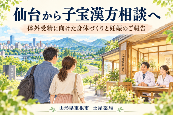 仙台から山形県東根市の土屋薬局へ体外受精に向けた子宝漢方相談に訪れるご夫婦のイラスト
