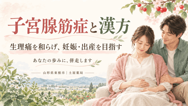 子宮腺筋症の生理痛と妊活に寄り添うご夫婦のイラスト。東根のさくらんぼを背景に、土屋薬局の漢方相談を紹介