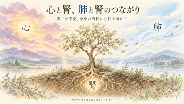 光・風・木の根をモチーフに、中医学の「心と腎」「肺と腎」のつながりを表現したイラスト